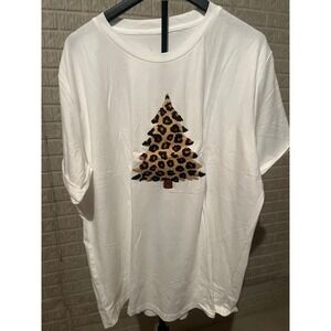 White Crew Neck T Shirt Leopard Christmas Tree Graphic Print‎ Size 3XL